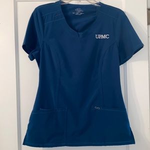 Cherokee Infinity 3 pocket Scrub Top sz Small in Caribbean Blue & UPMC monogram